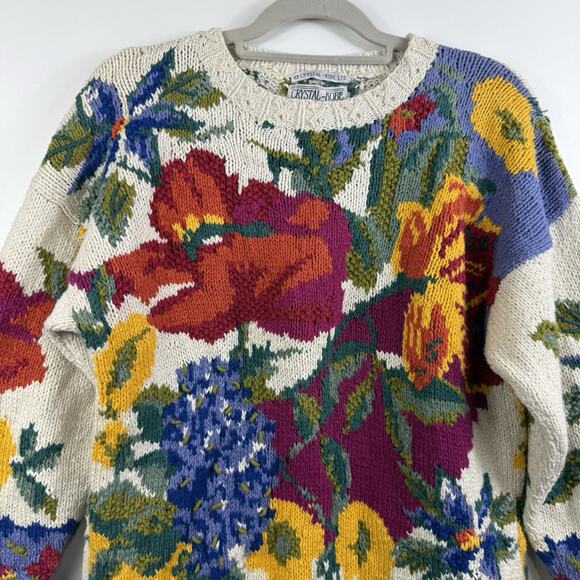 Vintage Crystal Kobe Floral Chunky Sweater Small Grandmacore 90s Tunic Cottage - Picture 2 of 14
